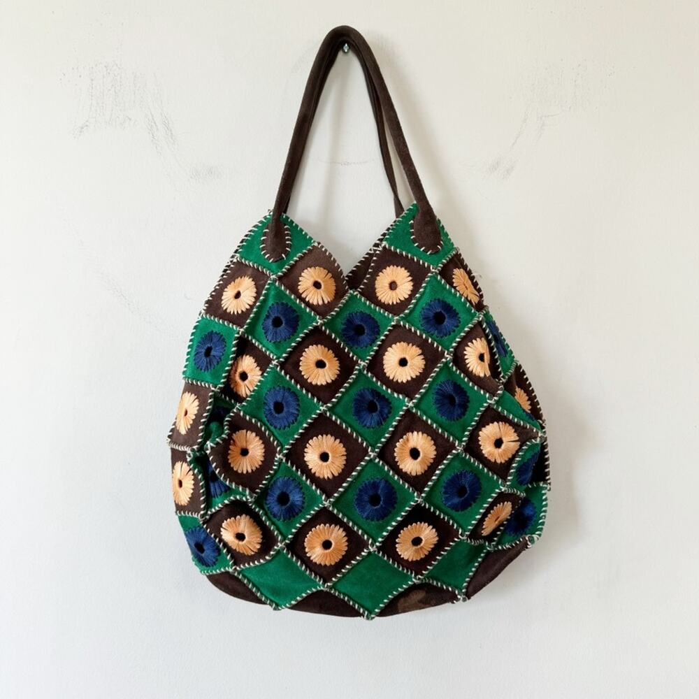 Vintage Boho Suede Crochet Granny Square Bag Blue Brown Green - Picture 4 of 9